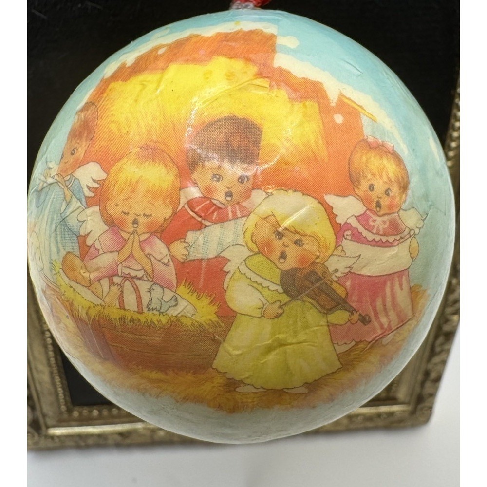 Vintage Christmas Ball Ornament Nativity Scene Angels Baby Jesus Decoupage Retro